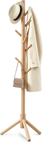 Miniatura 11 de Perchero de madera maciza independiente, árbol de pino de Nueva Zelanda con 8 ganchos y 3 tamaños ajustables para abrigos, sombreros, bolsos
