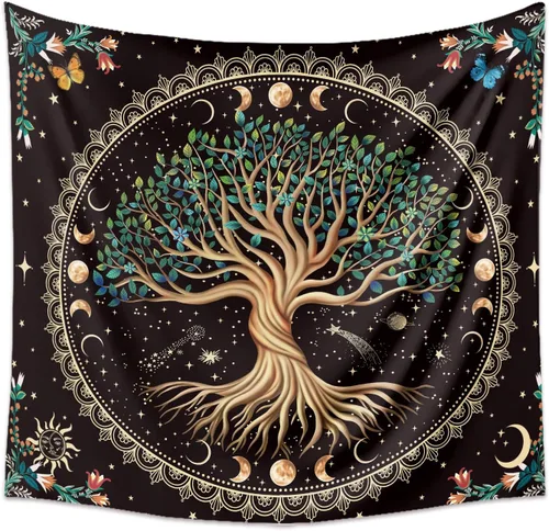 Miniatura 3 de Tapiz de árbol de la vida de fase lunar, naturaleza, flores, plantas, mariposas, tapices bohemios, mandala espiritual, tapiz estético para colgar