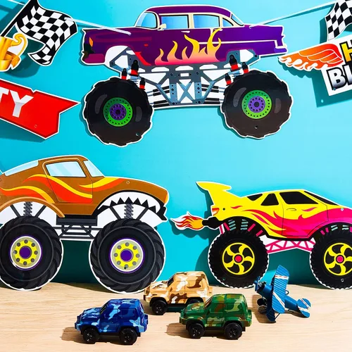 Miniatura 3 de Containlol 13 piezas de Monster Car Truck suministros para fiesta de cumpleaños de autos divertidos, decoraciones de fiesta de camión, recortes