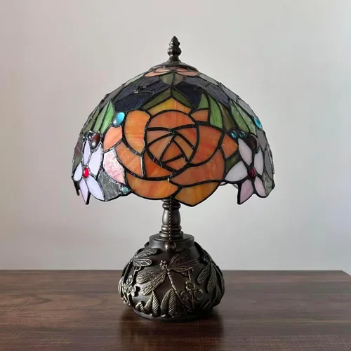 Miniatura 9 de Tiffany - Lámpara de mesa con diseño de flores, color rojo, naranja y azul, incluye base de libélula para sala de estar, dormitorio, mesita