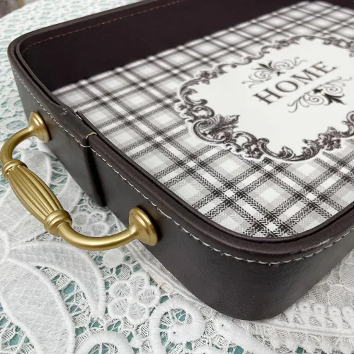 Elegante bandeja de cuero con asas, bandeja decorativa a cuadros en blanco y negro para desayuno, almuerzo, cena, aperitivos, patio, otomana, mesa