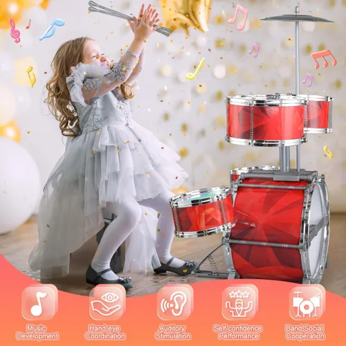 Miniatura 2 de Juego de batería para niños de 1-3, 3-5 años, con taburete, soporte más alto de juguetes musicales para niños pequeños, batería roja para niñas