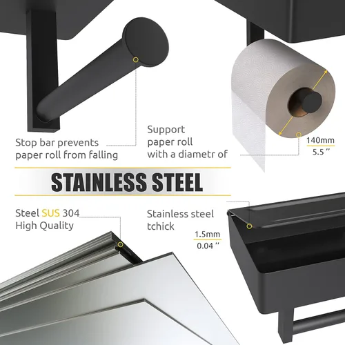 Miniatura 4 de Soporte de papel higiénico autoadhesivo de pared con estante y almacenamiento para toallitas – Soporte de papel higiénico negro mate de acero
