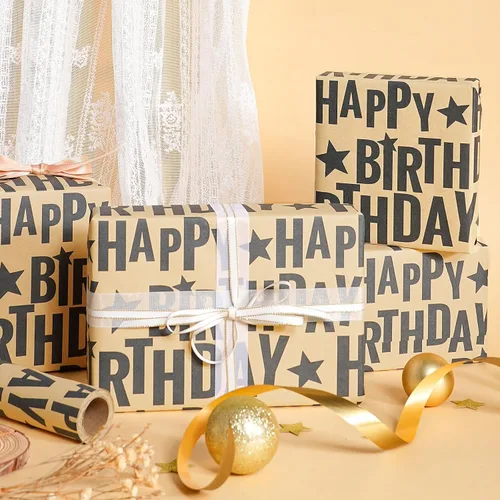 Miniatura 5 de RUSPEPA Rollo de papel de regalo de cumpleaños, mini rollo, texto de feliz cumpleaños negro en negrita con diseño de estrellas, papel de regalo