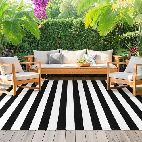Miniatura 11 de KIMODE - Alfombra de algodón tejida con diseño a rayas en color negro, para puerta de entrada, cocina, decoración de estilo rústico