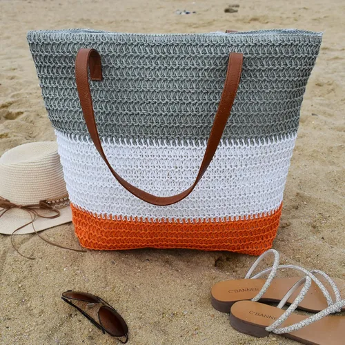 Miniatura 37 de Bolso grande de paja para mujer, tejido de ratán, bolso de playa de verano, a rayas