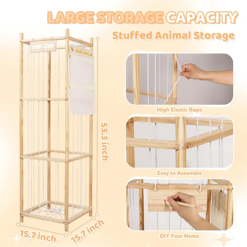 Miniatura 2 de Organizador de almacenamiento de animales de peluche, soporte grande de madera para juguetes de zoológico con bolsillos, peluches, almacenamiento