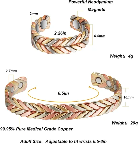 Miniatura 3 de Pulsera de cobre para mujer, traje de cobre puro, ajustable, tres colores, trenza, magnética, regalo de joyería Fashsion (0932 2040)