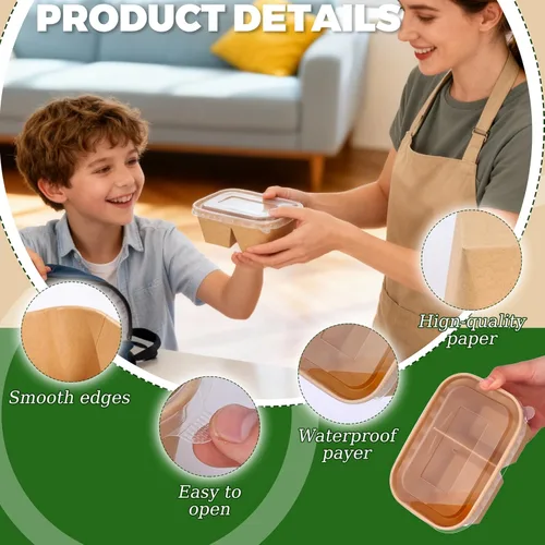 Miniatura 3 de DI QIU REN Paquete de 50 tazones desechables de papel kraft de 25 onzas, 2 compartimentos【con tapas y tenedores】Recipientes grandes para preparación