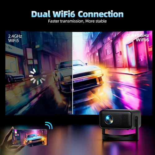 Miniatura 2 de Proyector con WiFi y Bluetooth, proyector portátil de película 4K, soporte HD 1080P, soporte ajustable de 360°, enfoque eléctrico y corrección