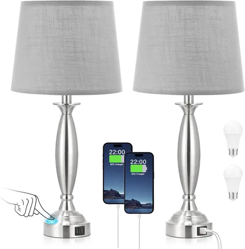 Miniatura 17 de Juego de 2 lámparas blancas para dormitorio, lámpara de noche de control táctil con USB C+A, lámparas de mesita de noche regulables de 3 vías