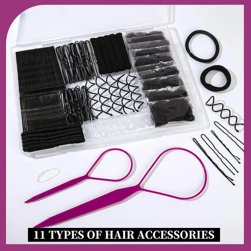 Miniatura 7 de Teenitor Kit de red para el cabello, horquillas negras para el cabello, pasadores para mujer, alfileres en forma de U para moños, redes