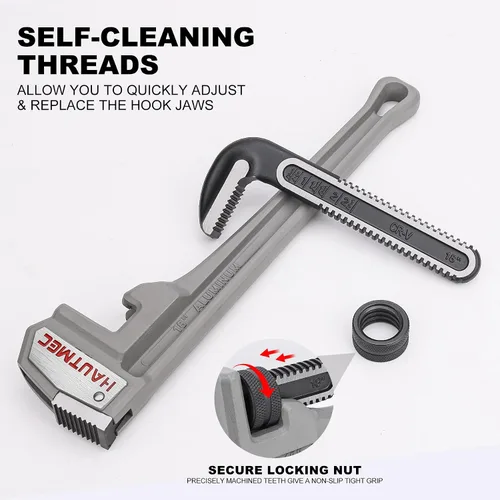 Miniatura 3 de HAUTMEC Llave de tubo recta de aluminio de 18 pulgadas, llave de fontanería ajustable resistente, capacidad de mandíbula de 2-1/2", para tuberías