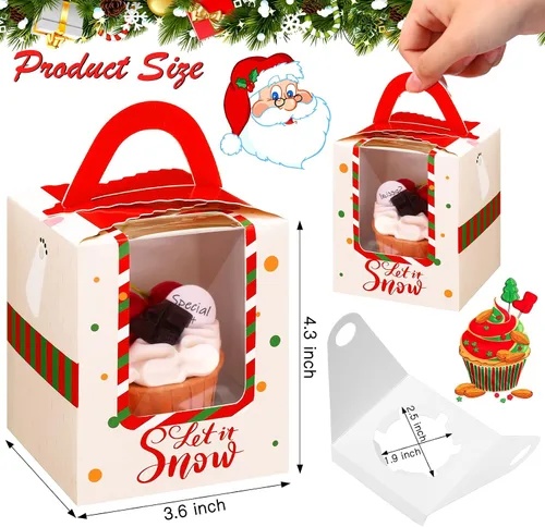 Miniatura 3 de TaoBary 24 cajas de magdalenas de Navidad, caja individual para cupcakes, cajas de galletas de Navidad con asa de inserción de ventana, soporte