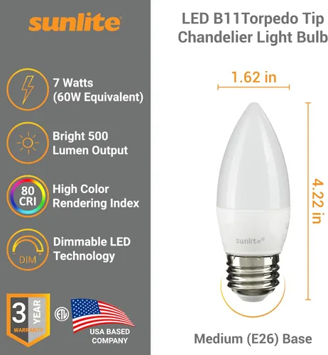Miniatura 2 de Sunlite Bombilla LED B13 Torpedo decorativa, 7 vatios (60 W = ), 500 lúmenes, 120 voltios, regulable, base E26, certificación ETL, torpedo