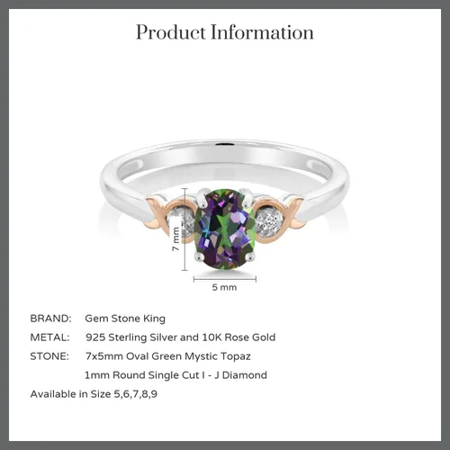 Miniatura 10 de Gem Stone King Anillo de compromiso de plata de ley 925 y oro rosa de 10 quilates, piedra preciosa ovalada de 0.276 x 0.197 in, con acento