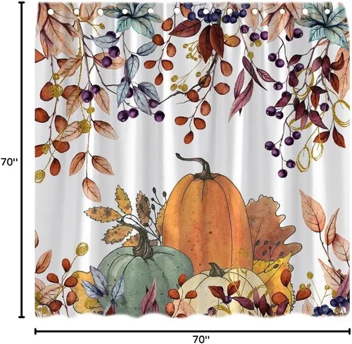 Miniatura 4 de Cortina de ducha de otoño, calabaza, hojas de arce, día de Acción de Gracias, cosecha, acuarela colgante, hojas de eucalipto, botánica, floral