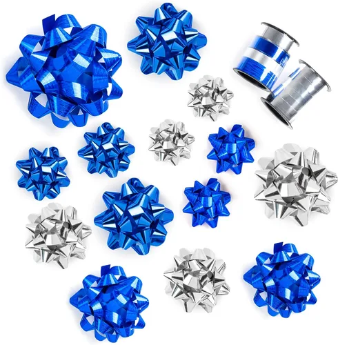 WRAPAHOLIC Surtido de 16 lazos de regalo, 14 lazos de regalo de varios colores (azul rey holográfico y plateado) y 2 cintas rizadas rizadas para