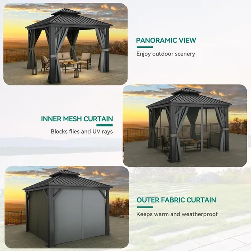Miniatura 4 de YITAHOME Cenador de techo duro de 10x10 pies con redes y cortinas, acero galvanizado de doble techo resistente combinado con techo de rayas Gris