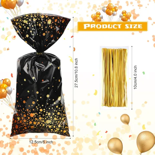 Miniatura 2 de Censen 100 bolsas de celofán de graduación, bolsas de celofán negro y dorado, 10.8 x 5 pulgadas, bolsa de plástico para dulces con 100 lazos dorados