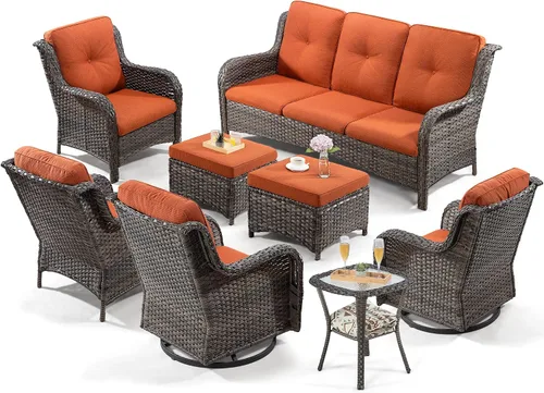 Miniatura 56 de Juego de 2 sillas de patio giratorias de 360 grados para exteriores y mesa auxiliar a juego – 3 sillas deslizantes de mimbre para patio con cojines