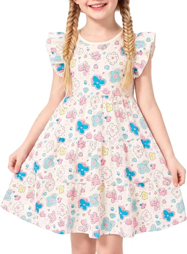 Miniatura 18 de Vestido casual para niñas, de algodón suave, manga corta, transpirable, acampanado, para adolescentes, talla 2T, 3T, 4T, 5, 6, 7, 8, 9, 10, 12, 13