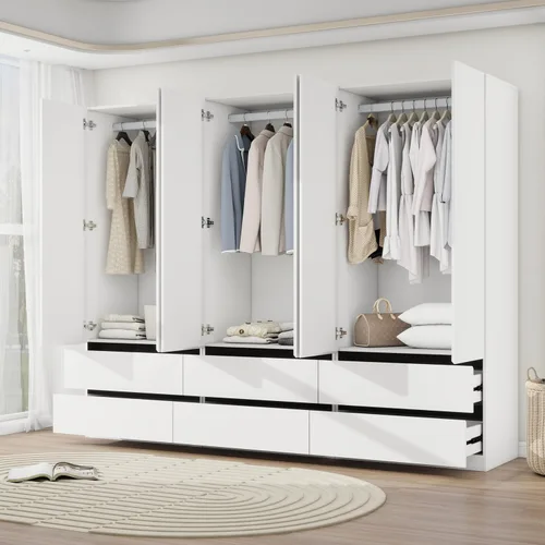 Miniatura 4 de Armario con cajones: armario grande de 75 pulgadas con 6 puertas para colgar ropa, modernos armarios de madera con 6 cajones y almacenamiento
