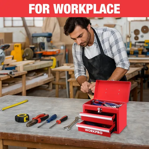 Miniatura 6 de WORKPRO Caja de herramientas portátil mini, caja de herramientas metálica con 2 cajones y rodamientos de bolas, almacenamiento superior con cierre