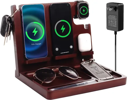 Base de carga para teléfono de madera Xunhomon, estación de carga inalámbrica de 27W de carga rápida para 2 teléfonos para iOS/Android/iWatch/Air