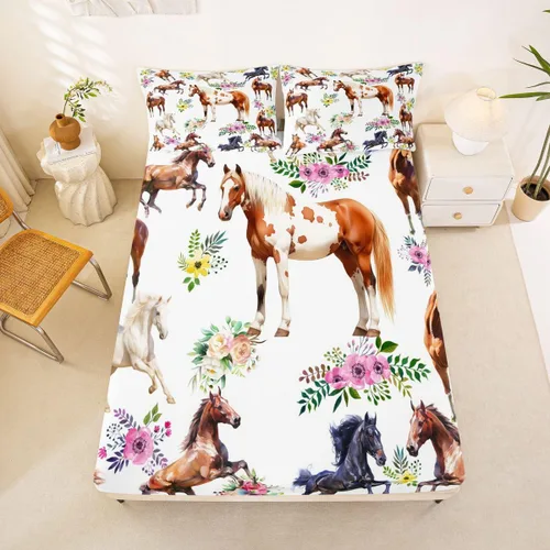 Miniatura 3 de Sábana bajera ajustable de caballo, sábanas de flores de animales de granja, tamaño individual para niños, adolescentes, adultos, dormitorio, juego