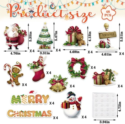 Miniatura 2 de Hying Juego de 48 tablones de anuncios de árbol de Navidad, Papá Noel, decoración de muñeco de nieve, recortes de papel de cartulina