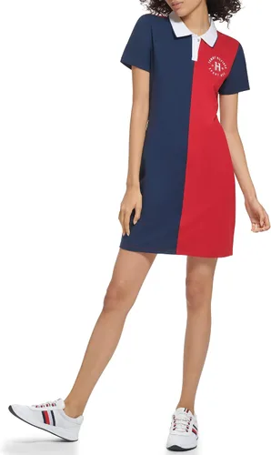 Tommy Hilfiger Vestido tipo polo de manga corta para mujer, con cuello acanalado y cierre de presión