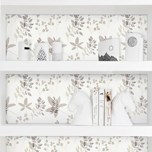 Miniatura 7 de Caltero Papel tapiz floral beige para despegar y pegar, papel tapiz de hojas de eucalipto de oliva de 17.3 pulgadas, 98.4 pies, papel de contacto