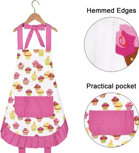 Miniatura 5 de Claswcalor Paquete de 2 delantales 100% algodón para padres e hijos, diseño de cupcakes, delantal de cocina ajustable para mujeres y niños, hijas