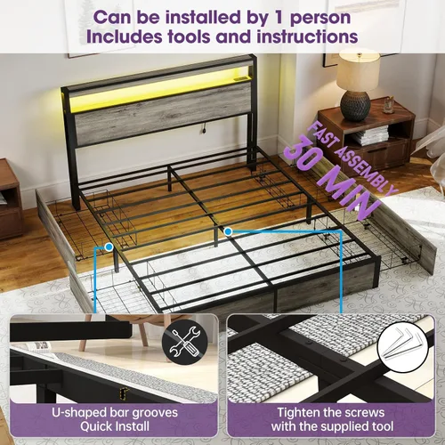 Miniatura 6 de Full Bed Frame with 2-Tier Storage Headboard and 4 Drawers, Metal Platform Bed Frame with LED & Charging Station, No Box Spring Needed/Noise
