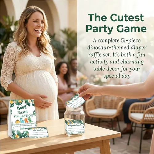 Miniatura 6 de DETIHO Tarjetas de juego de dinosaurio para baby shower, 1 letrero de sugerencia de nombre de bebé con 50 tarjetas de relleno, juego de fiesta