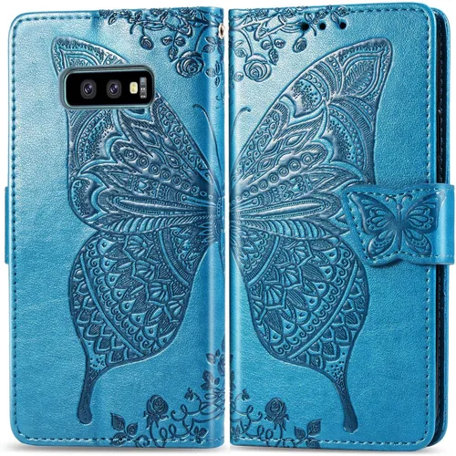 Miniatura 4 de Funda protectora de piel sintética para Samsung Galaxy S10e, con tapa para mujer, con correa para la muñeca, ranuras para tarjetas, bolsillo en Azul