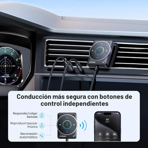 Miniatura 5 de UGREEN Adaptador auxiliar Bluetooth 5.4 para automóvil, [conexión mejorada y cancelación de ruido], receptor auxiliar Bluetooth con cable trenzado