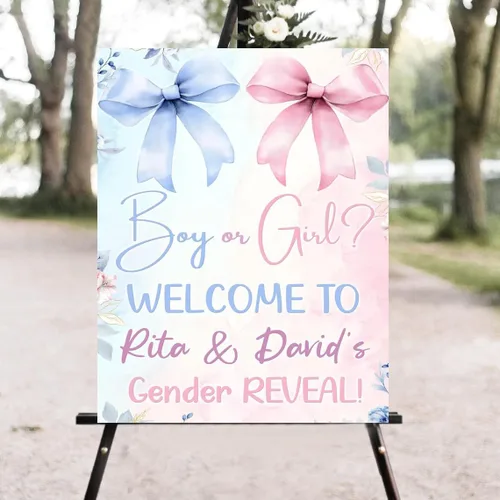 Letrero de bienvenida de revelación de género con lazo rosa y azul, letrero de bienvenida de revelación de género para niño o niña
