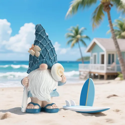 Miniatura 6 de Etlemonde Estatuas de gnomos de playa, gnomos del océano, decoración de temas náuticos, playa, gnomo sosteniendo una tabla de surf