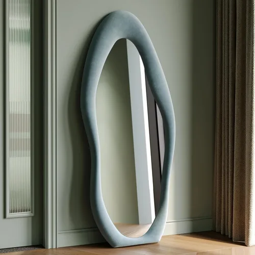 Miniatura 9 de Honyee - Espejo de cuerpo completo de 63 x 24 pulgadas, espejo de pared, marco de madera envuelto en franela, espejo de cuerpo completo ondulado Gris