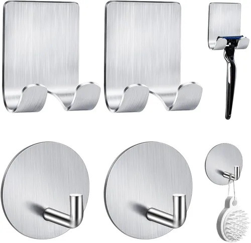 Paquete de 2 soportes para maquinilla de afeitar para ducha + 2 ganchos adhesivos de pared, soporte autoadhesivo de acero inoxidable 304 y ganchos
