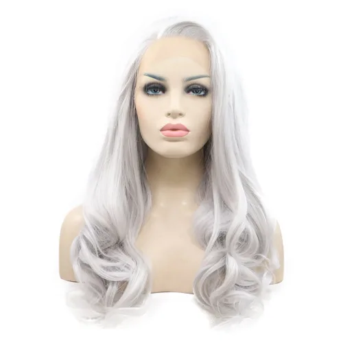 Miniatura 2 de 1001 #Color sintético rubio blanco encaje frente pelucas para mujeres pelo rubio platino largo cuerpo onda peluca resistente al calor fibra larga