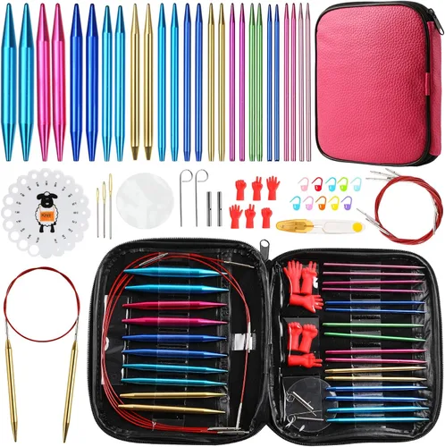 Miniatura 9 de Looen Juego de 57 agujas de tejer circulares de aluminio con asas ergonómicas, agujas de ganchillo intercambiables de 13 tamaños con estuche