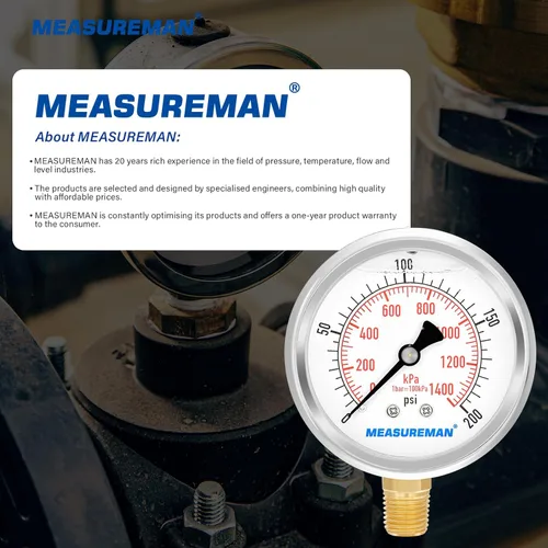 Miniatura 7 de MEASUREMAN Tamaño del dial de 2-1/2 pulgadas, medidor de presión lleno de líquido, 0-200 psi/kpa, caja de acero inoxidable 304, montaje inferior