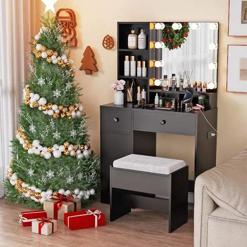 Miniatura 2 de Escritorio de tocador con espejo, luces y tira de corriente, tocador pequeño para espacios pequeños, mesa de maquillaje moderna con 4 cajones