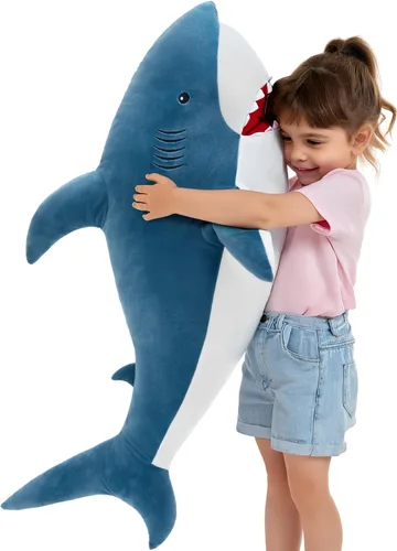 MorisMos Peluche de tiburón gigante de 39 pulgadas, almohada grande de peluche de tiburón para niños, novia, color azul Tiburón azul 39"