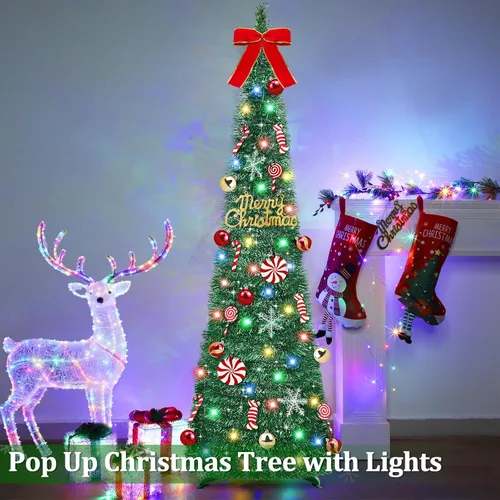 Miniatura 3 de [Temporizador] Árbol de Navidad desplegable de 6 pies, árbol de Navidad plegable verde con 50 luces coloridas, 16 caramelos, 10 bolas, 4 copos