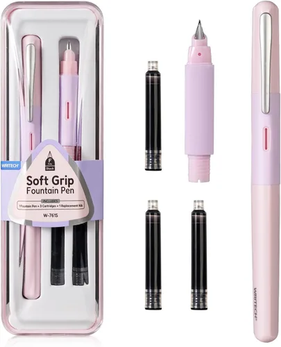 WRITECH Pluma estilográfica de agarre suave: Plumín fino con tinta negra y 3 cartuchos de tinta y 1 juego de repuesto de plumín, escritura suave Rosa