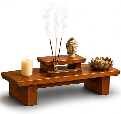 Mesa de altar de meditación – Santuario Puja escalonado hecho a mano de 21 x 7.5 x 6 pulgadas – Mesas pequeñas para relajación, oración – Meditación